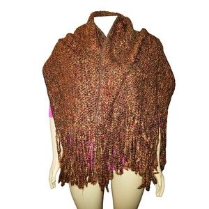 Kennebunk Weavers USA Brown Multicolor Wool Fringe Shawl Wrap Throw